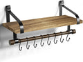 Floating Shelf Wall Shelf for Storage Rustic Wood Kitchen Spice Rack with Towel Bar and 8 Removable Hooks for Organize Cooking Utensils or Mugs Carbonized Black