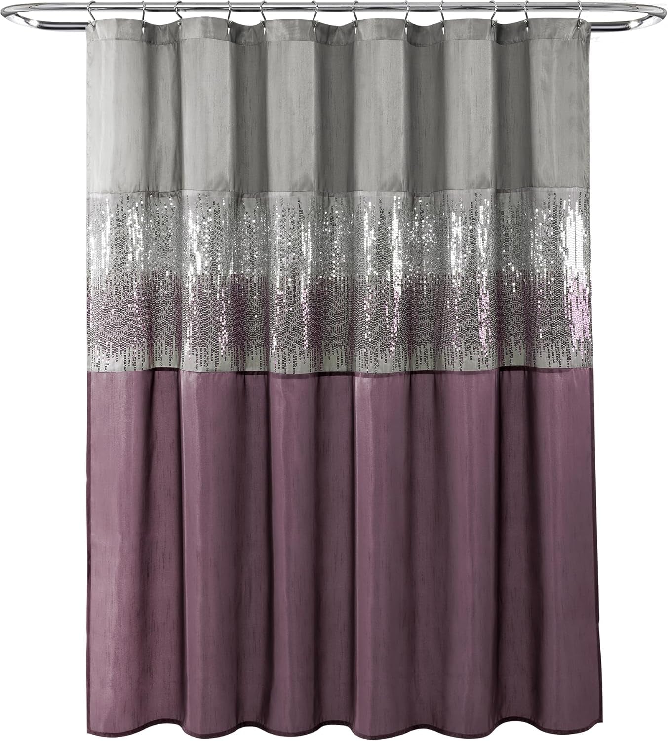 Night Sky Shower Curtain | Sequin Fabric Shimmery Color Block Design for Bathroom, 72" X 72", Grey and Purple
