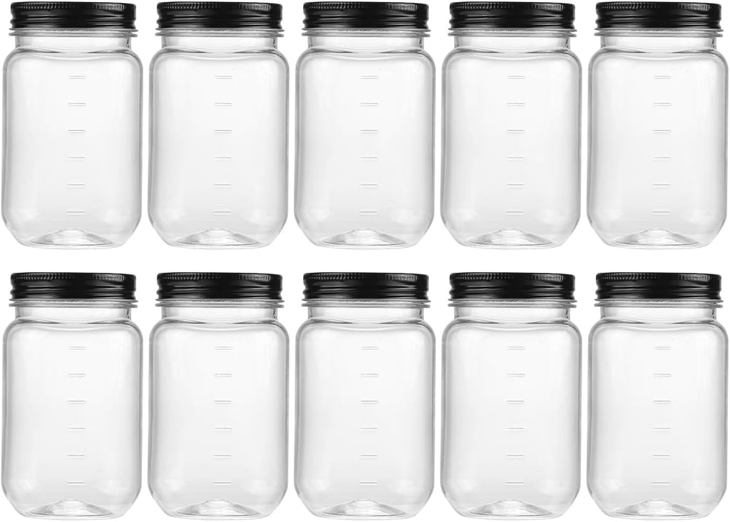 16 Ounce Clear Plastic Jars with Black Lids - Refillable round Clear Containers Clear Jars Storage Containers for Kitchen & Household Storage - BPA Free (10 Pack)