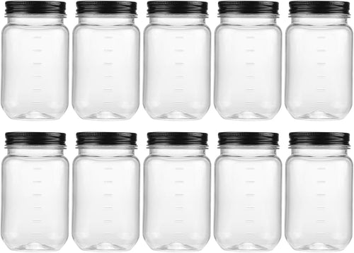 16 Ounce Clear Plastic Jars with Black Lids - Refillable round Clear Containers Clear Jars Storage Containers for Kitchen & Household Storage - BPA Free (10 Pack)