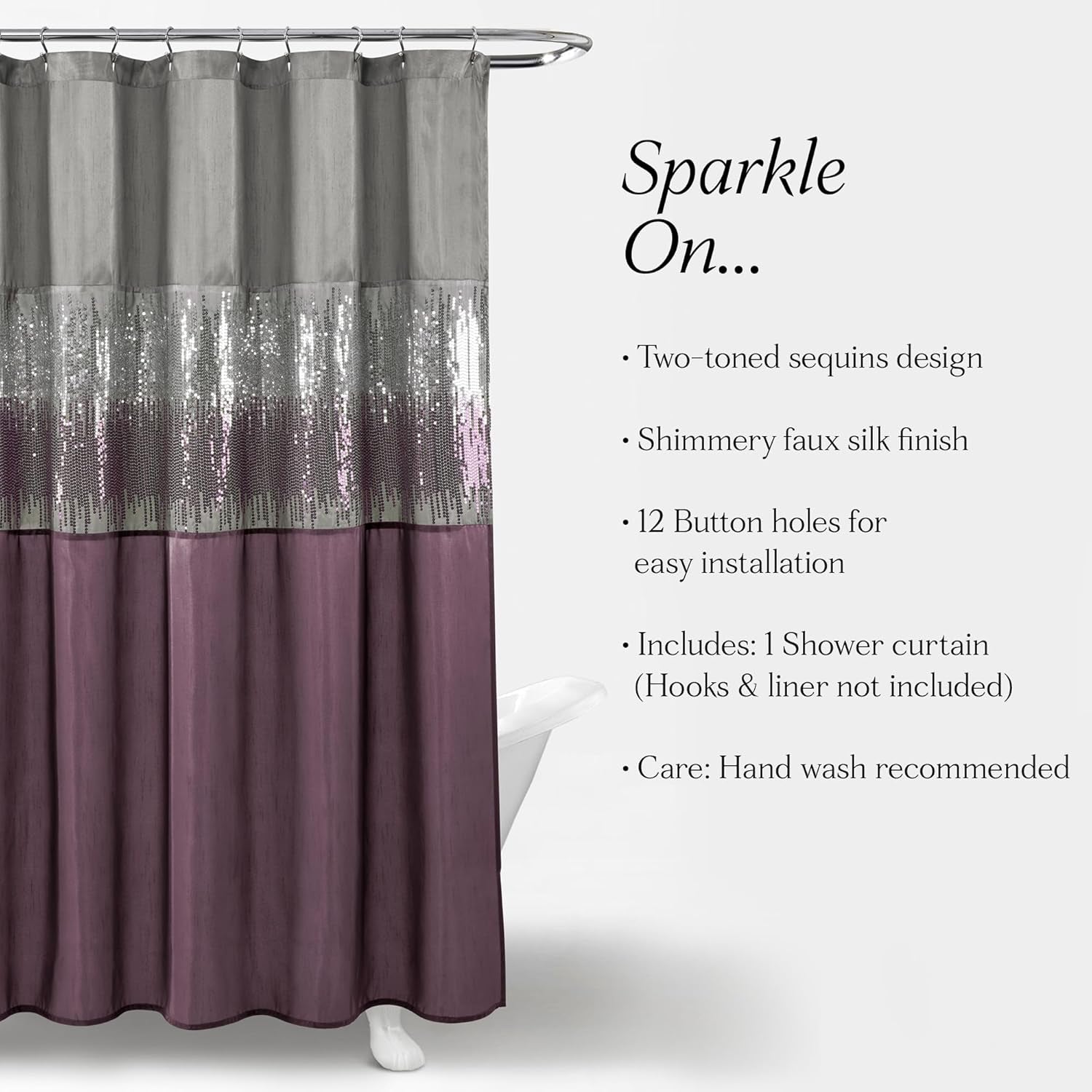 Night Sky Shower Curtain | Sequin Fabric Shimmery Color Block Design for Bathroom, 72" X 72", Grey and Purple