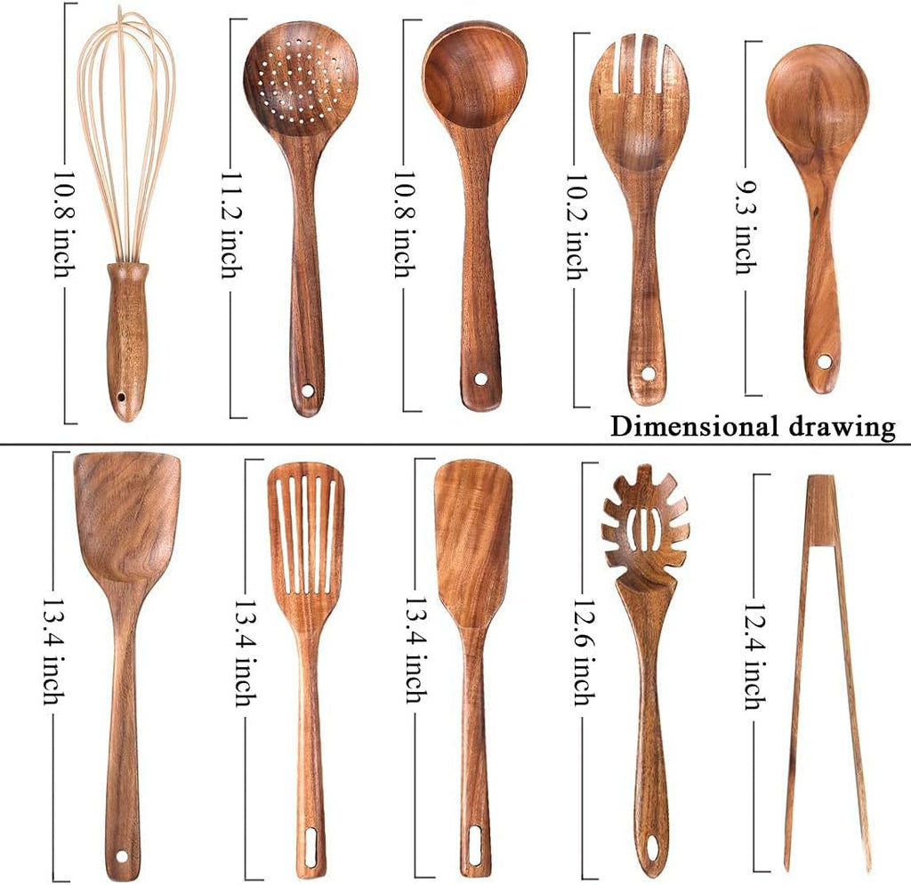 (Without Holder)Kitchen Wooden Utensils for Cooking ,Nonstick Wood Utensil Natural Teak Wood Spoons for Cooking,Kitchen Utenails Set,Wooden Kitchen Utensil Set with Spatula and Ladle (10)