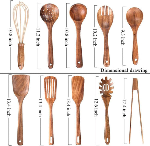 (Without Holder)Kitchen Wooden Utensils for Cooking ,Nonstick Wood Utensil Natural Teak Wood Spoons for Cooking,Kitchen Utenails Set,Wooden Kitchen Utensil Set with Spatula and Ladle (10)